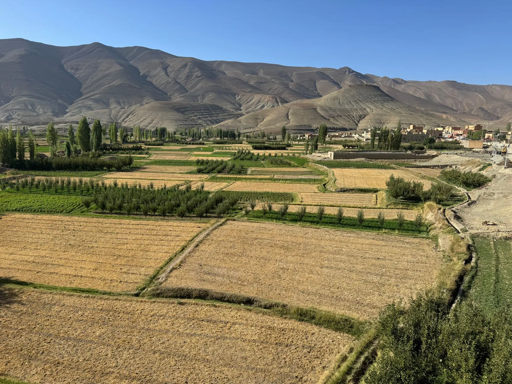 Vallée de Ferghana en Ouzbékistan, paysage verdoyant avec champs et montagnes